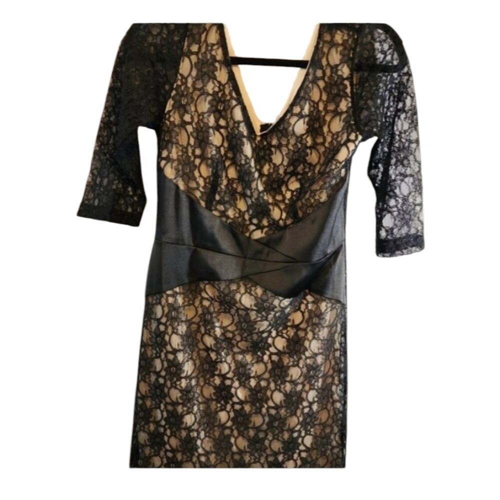 I.N.STUDIO BLACK FLORAL LACE COCKTAIL DRESS SIZE 8 SHEER LACE 3/4 SLEEVE